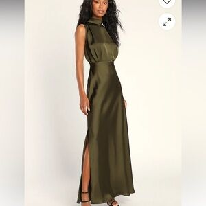 Lulus Classic Elegance Olive Satin Sleeveless Mock Neck Maxi Dress